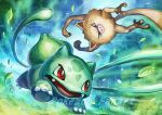  animal_focus artist_logo bright_pupils bulbasaur claws fangs leaf mankey monkey nanami_lusia no_humans open_mouth outdoors pig_nose plant pokemon pokemon_(creature) red_eyes running vines watermark white_pupils 
