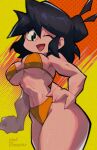  1girl artist_name bikini black_hair borrowed_character breasts from_below gar_rooster halftone hand_on_hip highres lucia_(scott_malin) navel one_eye_closed open_mouth orange_bikini original red_background smile solo swimsuit two-tone_background underboob yellow_background 