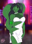  2023 5_fingers anthro black_hair black_nose blurred_background breasts claws cleavage clothed clothing digital_media_(artwork) dress female finger_claws fingers flat_colors fur ghostwolf green_body green_fur grin hair johara_mombasa mammal mephitid signature skunk smile solo strip_club teeth under_boob 