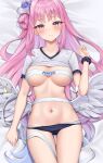  1girl angel_wings ass bed_sheet blue_archive blush breasts buruma clothes_pull dakimakura_(medium) feathered_wings from_above gym_uniform hair_bun halo large_breasts low_wings lying matrix16 mika_(blue_archive) navel no_bra no_panties on_back pink_hair scrunchie white_wings wings 