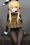  1girl absurdres animal_ears black_bow black_bowtie black_gloves black_leotard black_pantyhose blonde_hair bow bowtie breasts closed_mouth fake_animal_ears gloves hair_between_eyes headset highres indie_virtual_youtuber large_breasts leotard long_hair military msa_major pantyhose playboy_bunny rabbit_ears sidelocks sitting smile solo virtual_youtuber whiskey_project wrist_cuffs 