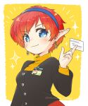  1girl blue_eyes blush breasts card chisato_madison closed_mouth earrings hairband holding holding_card id_card jewelry looking_at_viewer name_tag nekomura_otako pointy_ears reporter short_hair smile solo sparkle star_ocean star_ocean_the_second_story 