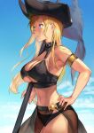  1girl armlet bare_shoulders bikini black_bikini black_choker blonde_hair blue_eyes breasts choker cleavage collarbone fatal_fury flag flagpole garou:_mark_of_the_wolves hair_between_eyes hat hinoru_saikusa jenet_behrn large_breasts long_hair navel official_alternate_costume open_mouth outdoors pirate pirate_hat snk solo stomach swimsuit the_king_of_fighters_all-stars 