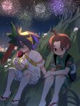  2boys backpack bag black_hair blush brown_hair candy_apple closed_mouth commentary_request fireworks florian_(pokemon) food grass green_shirt green_shorts hairband highres kieran_(pokemon) knees looking_down male_focus mask mask_on_head multiple_boys night outdoors pokemon pokemon_sv sandals shirt short_sleeves shorts shy sitting sky suikaels toes topknot white_shirt white_shorts yaoi yellow_bag yellow_eyes yellow_hairband 