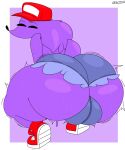  anthro big_butt blue_bottomwear blue_clothing blue_shorts bodily_fluids bottomwear bulge butt clothed clothing crouching cutoffs denim denim_clothing digital_media_(artwork) eyes_closed footwear fur hat headgear headwear hi_res male mammal partially_clothed pizza_tower porcupine presenting presenting_hindquarters purple_body purple_fur rear_view red_clothing red_hat red_headwear rodent shoes shorts sneakers snick_(pizza_tower) solo sweat thick_thighs topless zeglo-official 