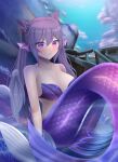  1girl bare_arms bare_shoulders breasts cleavage genshin_impact highres keqing_(genshin_impact) looking_at_viewer medium_breasts mermaid monster_girl monsterification purple_eyes purple_hair solo stomach twintails underwater zephylyne 
