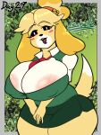  animal_crossing anthro areola big_breasts black_sclera blonde_hair bottomwear breasts canid canine canis clothing dipstick_tail domestic_dog dress_shirt english_text female hair hi_res huge_breasts isabelle_(animal_crossing) jyto looking_at_viewer mammal markings multicolored_body necktie nintendo nipple_outline open_mouth pink_areola shih_tzu shirt skirt solo tail tail_markings text thick_thighs topwear toy_dog two_tone_body white_eyes 