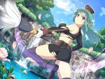  1girl afloat art_brush ass bare_shoulders bashou_(senran_kagura) belt_pouch black_shirt black_shorts blue_sky blush boots branch breasts bush calligraphy_brush cliff closed_mouth cloud concealed_weapon day flower forest from_behind frown giant_brush gloves green_hair hair_flower hair_ornament hat hebijo_academy_uniform hidden_weapon holding holding_paintbrush holding_polearm holding_weapon infinity large_breasts light_particles lily_pad looking_at_viewer looking_back lotus lotus_leaf median_furrow motion_lines nature official_alternate_costume official_art outdoors paintbrush paintbrush_hair_ornament pink_flower plant polearm pond pouch purple_eyes purple_thighhighs rainbow rock senran_kagura senran_kagura_new_link senran_kagura_new_wave shiny_skin shirt short_shorts shorts shoulder_blades shoulder_blush skindentation sky solo sparkle splashing standing standing_on_one_leg thigh_boots thighhighs torn_boots torn_clothes torn_sleeve tree underboob water water_drop water_lily_flower waterfall weapon yaegashi_nan 