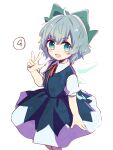  1girl blue_dress blue_eyes blue_hair blush bow cirno collared_shirt detached_wings dress fairy green_bow hair_bow highres ice ice_wings kuromame_(8gou) open_mouth shirt short_hair short_sleeves simple_background smile solo touhou white_background white_shirt wings 