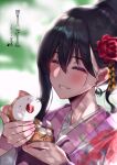  1girl 2022 andou_you animal animal_hands black_hair blurry blurry_background cat cat_paws chinese_zodiac close-up earrings floral_print flower hair_between_eyes hair_flower hair_ornament highres holding holding_animal holding_cat japanese_clothes jewelry kimono long_hair nengajou new_year original pink_kimono red_flower red_rose rose smile tongue tongue_out year_of_the_tiger 