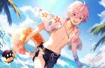  1boy absurdres artist_name beach bishounen blue_sky highres jewelry kiyukumaa male_focus necklace open_clothes open_shirt outdoors purple_eyes shirt short_hair shorts shoto_(vtuber) sky smile solo tagme toned toned_male white_hair 