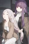  2girls absurdres brushing_hair cardigan cloak closed_eyes dress elf fern_(sousou_no_frieren) frieren hair_brush half_updo highres hime_cut hood hooded_cloak indoors marse_(rokudaime) multiple_girls open_mouth pale_skin pointy_ears pout purple_eyes purple_hair sidelocks sitting sousou_no_frieren stool straight_hair white_dress white_hair 