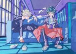  2boys alternate_hair_color aqua_eyes aqua_hair bakugou_katsuki blanket blue_pants blue_shirt blurry blurry_background boku_no_hero_academia bright_pupils cel_shading chromatic_aberration clothes_writing commentary_request couch cup curly_hair diamond-shaped_pupils diamond_(shape) disposable_cup eyebrows_hidden_by_hair feet_on_chair film_grain fingernails freckles grey_hair hand_up hands_up high_collar highres holding holding_phone in-universe_location indoors jacket leaning_forward ligne_claire long_sleeves looking_at_another looking_to_the_side male_focus midoriya_izuku mouth_hold mug multiple_boys on_couch open_clothes open_jacket open_mouth pants partial_commentary perspective phone red_eyes scar scar_on_hand shadow shirt short_hair sidelighting sideways_glance slippers slippers_removed smile souko_(floyd) spiked_hair steam symbol-shaped_pupils t-shirt teeth_hold track_jacket track_pants track_suit u.a._gym_uniform white_pupils window window_shade winter_uniform 