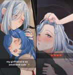  2girls blue_eyes blush chat_log earrings english_text ganyu_(genshin_impact) genshin_impact grabbing_another&#039;s_hair grey_hair hair_over_one_eye hinagi_(fox_priest) horns hug implied_sex jewelry long_hair multiple_girls phone_screen shenhe_(genshin_impact) smile very_long_hair 