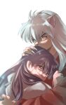  1boy 1girl animal_ears black_hair brown_eyes dog_ears fingernails hair_between_eyes highres higurashi_kagome hug inuyasha inuyasha_(character) japanese_clothes kayo1102 kimono long_hair long_sleeves sharp_fingernails upper_body white_background white_hair white_kimono wide_sleeves yellow_eyes 