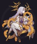  1girl animal bodysuit breasts clothing_cutout fire_emblem fire_emblem_heroes forehead_jewel giant_snake gold_horns gold_trim grey_bodysuit gullveig_(fire_emblem) haconeri horns large_breasts looking_at_viewer oversized_animal pale_skin single_horn snake snake_hair thigh_cutout yellow_horns 