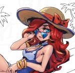  1girl anchor_symbol armlet bare_shoulders blue_eyes blue_one-piece_swimsuit bow bracelet breasts brown_headwear cleavage cowboy_shot freckles from_side hand_in_own_hair hand_up hat jewelry large_breasts league_of_legends long_hair miss_fortune_(league_of_legends) one-piece_swimsuit palm_tree phantom_ix_row pool_party_miss_fortune red_bow red_hair shiny_skin smile solo sun_hat swimsuit tree white_background 