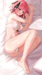  1girl absurdres ass bed_sheet blue_eyes blue_nails blush bow bow_bra bra breasts butterfly_hair_ornament cameltoe commentary feet go-toubun_no_hanayome hair_ornament highres lace lace_bra large_breasts legs lying nakano_nino navel on_side open_mouth panties pink_hair raikun_raikun solo toenails underwear white_bra white_panties 