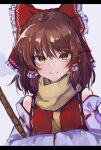  1girl bad_id bad_twitter_id bamboo_broom bare_shoulders bow broom brown_eyes brown_hair closed_mouth detached_sleeves eyelashes frilled_bow frilled_hair_tubes frills hair_between_eyes hair_bow hair_tubes hakurei_reimu hands_in_opposite_sleeves light_blush long_hair looking_at_viewer necktie red_bow red_vest ribbon-trimmed_sleeves ribbon_trim scarf simple_background smile solo straight-on touhou uneven_eyes upper_body vest white_background yellow_necktie yellow_scarf yyyyuuuu 