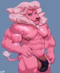  abs anthro big_nipples cartoon_network clothed clothing felid fur genitals hi_res ineffective_clothing lion lion_(steven_universe) male mammal muscular nipples pantherine pink_body pink_fur r30b0m0 solo steven_universe underwear underwear_only 