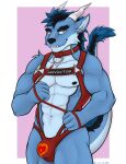  absurd_res albax anthro barazoku belt bulge canid canine canis collar dragon fuzzylynx harness hi_res leash male male/male mammal muscular pinup pose solo wolf 