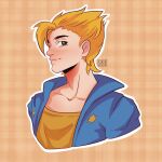  1boy artist_name blonde_hair blue_jacket blush brown_background green_eyes hair_between_eyes highres jacket looking_at_viewer male_focus sam_(stardew_valley) shirt simple_background siropeart solo spiked_hair stardew_valley upper_body yellow_shirt 