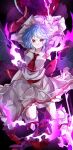  1girl absurdres ahoge ascot back_bow bangs bat_wings blue_hair bow breasts collared_shirt fire frilled_shirt_collar frilled_skirt frills hat hat_ribbon highres looking_at_viewer medium_breasts mob_cap moon purple_fire red_ascot red_eyes red_ribbon remilia_scarlet ribbon shirt short_hair skirt skirt_set spear_the_gungnir touhou vivo_(vivo_sun_0222) white_headwear white_shirt white_skirt wings 