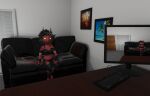  3d_(artwork) casting_couch clothed clothing desk digital_media_(artwork) female furniture garwaron goat_vr helluva_boss hi_res humanoid keyboard millie_(helluva_boss) monitor not_furry sitting solo table 