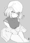  1girl :t baseball_cap blush breasts bright_pupils closed_mouth commentary_request dated feet_out_of_frame greyscale hat highres lace-trimmed_shirt lace_trim looking_at_viewer medium_bangs medium_breasts midriff monochrome nanashi_inc. navel official_alternate_costume pants shirt shirt_partially_removed short_hair sideways_hat simple_background sleeveless sleeveless_shirt solo temari_rin touri_sei touri_sei_(2nd_costume) turtleneck virtual_youtuber 