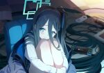  1girl absurdly_long_hair aris_(blue_archive) artist_request black_hairband blue_archive blue_hair blue_halo blurry blurry_background blush couch dark_blue_hair game_cg game_console hair_between_eyes hair_spread_out hairband halo handheld_game_console highres hugging_own_legs jacket jacket_partially_removed long_hair looking_at_viewer multicolored_clothes multicolored_jacket non-web_source official_art one_side_up ringed_eyes solo tile_floor tiles very_long_hair 
