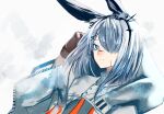  1girl absurdres animal_ears ao_oni_(onioni-aoi) arknights arm_up blue_eyes blue_hair blush bright_pupils brown_gloves closed_mouth commentary_request frostnova_(arknights) gloves grey_hair grey_jacket hair_ornament hair_over_one_eye hairclip hand_in_own_hair highres jacket light_smile long_hair long_sleeves looking_at_viewer nose_blush one_eye_covered partial_commentary portrait rabbit_ears rabbit_girl scar scar_on_face scar_on_nose sketch solo turtleneck white_background white_pupils wide_sleeves 