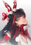  1girl black_dress black_hair china_dress chinese_clothes closed_mouth detached_sleeves double_bun dress earrings fiiiiiiisher7 fur-trimmed_dress fur_trim gwen_(league_of_legends) hair_bun highres jewelry league_of_legends league_of_legends:_wild_rift long_hair looking_at_viewer multicolored_hair mythmaker_gwen official_alternate_hair_color red_dress red_eyes red_hair solo streaked_hair two-tone_dress two-tone_hair 