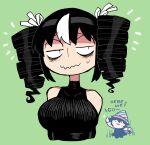  2girls bare_shoulders black_hair breasts chibi drill_hair green_background highres large_breasts multiple_girls noss_&amp;_zakuro noss_(rariatto) rariatto_(ganguri) smile twin_drills upper_body wavy_mouth white_hair zakuro_(rariatto) 