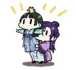  1boy 1girl chibi chinese_clothes frog green_hair hands_on_another&#039;s_thighs holding jinshi_(kusuriya_no_hitorigoto) kusuriya_no_hitorigoto long_hair maomao_(kusuriya_no_hitorigoto) nekokurage_(gen&#039;eikai_tsuushin) outstretched_arms purple_hair ribbon sash simple_background topknot 