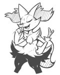  4:5 advos ambiguous_gender anthro biped braixen dancing eyes_closed fangs generation_6_pokemon hi_res inner_ear_fluff monochrome nintendo open_mouth pokemon pokemon_(species) simple_background solo teeth tuft white_background 