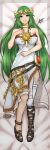  1girl absurdres airisubaka bare_shoulders blush breasts commission dakimakura_(medium) dress forehead_jewel full_body green_eyes green_hair highres jewelry kid_icarus laurel_crown long_hair looking_at_viewer palutena pendant signature single_thighhigh smile solo thighhighs very_long_hair white_dress 