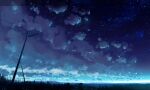  cloud cloudy_sky commentary grass horizon kaminami_yoshitaka lamppost letterboxed light_particles night night_sky no_humans original outdoors power_lines scenery sky star_(sky) starry_sky 