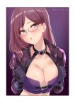  1girl blush breasts cleavage collarbone cropped_jacket glasses gloves grey-framed_eyewear highres idolmaster idolmaster_cinderella_girls jacket long_hair looking_at_viewer medium_breasts midriff murabito_c purple_background purple_eyes purple_gloves purple_jacket solo upper_body yagami_makino 