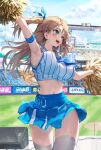  1girl arm_up armband armpits bare_shoulders blue_eyes blue_skirt breasts brown_hair cheerleader crop_top day hair_ribbon high-waist_skirt highres holding holding_pom_poms huwari_(dnwls3010) large_breasts long_hair midriff miniskirt navel neckerchief open_mouth original outdoors outstretched_arms pleated_skirt pom_pom_(cheerleading) ribbon sailor_collar shirt skirt sleeveless sleeveless_shirt smile solo stomach sweat thighhighs thighs two_side_up white_shirt white_thighhighs 
