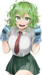  1girl :d absurdres boku_no_hero_academia collared_shirt fengling_(furin-jp) gloves green_eyes green_hair green_skirt hagakure_tooru highres looking_at_viewer messy_hair multicolored_hair necktie open_mouth pleated_skirt red_necktie school_uniform shirt simple_background skirt smile solo standing thick_eyelashes two-tone_hair u.a._school_uniform unusually_visible white_background white_shirt 