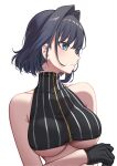  1girl bare_shoulders black_gloves black_hair blue_eyes breasts closed_mouth commentary erezu expressionless gloves hair_intakes highres hololive hololive_english large_breasts looking_ahead looking_to_the_side no_shirt ouro_kronii ouro_kronii_(1st_costume) short_hair simple_background solo striped symbol-only_commentary turtleneck underboob upper_body vertical_stripes virtual_youtuber white_background zipper 
