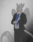  anthro avian business clothing costume digital_media_(artwork) dressing feathered_ears feathers gryphon hi_res male mythological_avian mythology necktie open_mouth serious solo suit sunny_way wings work 