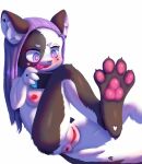  anus blush domestic_cat felid feline felis female fur hair heart_(marking) hi_res kemon0ka! mammal multicolored_body multicolored_fur nintendo nintendo_switch pawpads paws puffy_anus purple_hair selyne solo tail tongue tongue_out two_tone_body two_tone_fur video_games 