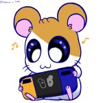  anthro blue_eyes blush cricetid fur game_console gaming hamster hamtaro hamtaro_(series) lunarpanda8686 male mammal musical_note nintendo nintendo_switch orange_body orange_fur pink_nose pink_paws playing playing_videogame rodent simple_background solo white_background white_body white_fur 