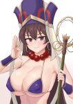  1girl absurdres bead_necklace beads bikini breasts bridal_gauntlets brown_eyes brown_hair covered_nipples earrings fate/grand_order fate_(series) hat highres hoop_earrings jewelry large_breasts liu_han long_hair necklace purple_bikini shakujou staff swimsuit xuangzang_sanzang_(fate) 