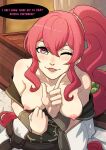  1girl absurdly_long_hair anna_(fire_emblem) bare_shoulders belt blush bracer breasts breasts_out commentary english_commentary english_text finger_to_cheek fire_emblem fire_emblem:_three_houses hair_between_eyes heart heart-shaped_pupils highres kinkymation lips long_hair looking_at_viewer medium_breasts nipples one_eye_closed open_mouth pink_hair ponytail pov red_eyes side_ponytail sidelocks solo symbol-shaped_pupils very_long_hair 