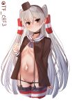  1girl amatsukaze_(kancolle) black_choker black_panties blush breasts brown_eyes brown_shirt choker commentary_request cowboy_shot cropped_legs garter_straps grey_hair hair_ornament hair_tubes highres kantai_collection long_hair looking_at_viewer navel open_clothes open_shirt panties parted_lips shirt simple_background small_breasts solo striped striped_thighhighs tf_cafe thighhighs twitter_username underwear very_long_hair white_background 