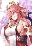  1girl :p animal_ears armpit_crease blurry blurry_background breasts cherry_blossoms commentary_request dangle_earrings detached_sleeves earrings ebifurya floppy_ears fox_ears fox_shadow_puppet genshin_impact hand_up headpiece highres jewelry large_breasts long_hair looking_at_viewer obi outdoors pendant pink_hair pink_nails purple_eyes sash shirt sideboob sleeveless sleeveless_shirt smile solo tongue tongue_out twitter_username vision_(genshin_impact) white_shirt wide_sleeves yae_miko 