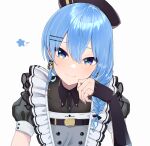 1girl black_gloves blue_eyes blue_hair braid earrings frills gloves hat highres hololive hoshimachi_suisei hoshimachi_suisei_(6th_costume) jewelry kasoku_souchi looking_at_viewer official_alternate_costume simple_background smile solo virtual_youtuber white_background 
