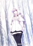  1girl black_gloves black_skirt boots braid buckle capelet coat collar copyright_name gloves highres holding holding_mask hood kirishima_satoshi leggings light_smile long_hair mask mask_removed official_art outdoors pleated_skirt pom_pom_(clothes) purple_eyes purple_hair skirt snowing solo thigh_boots tree wavy_hair white_leggings winter winter_clothes z/x 